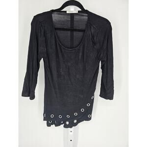 Rafiana Black Asymmetric Eyelet Hem Scoop-Neck 3/4 Sleeve Blouse Size M